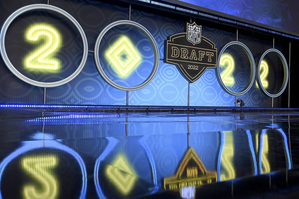 LAS VEGAS, NEVADA - APRIL 28: A detailed view of the 2022 Draft logo during round one of the 2022 NFL Draft on April 28, 2022 in Las Vegas, Nevada.