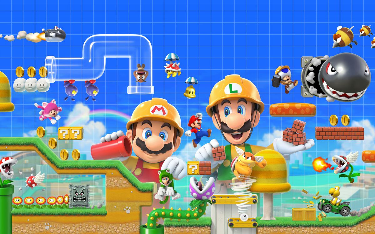 Oeuvre de Mario et Luigi construisant une scène de Super Mario Maker 2