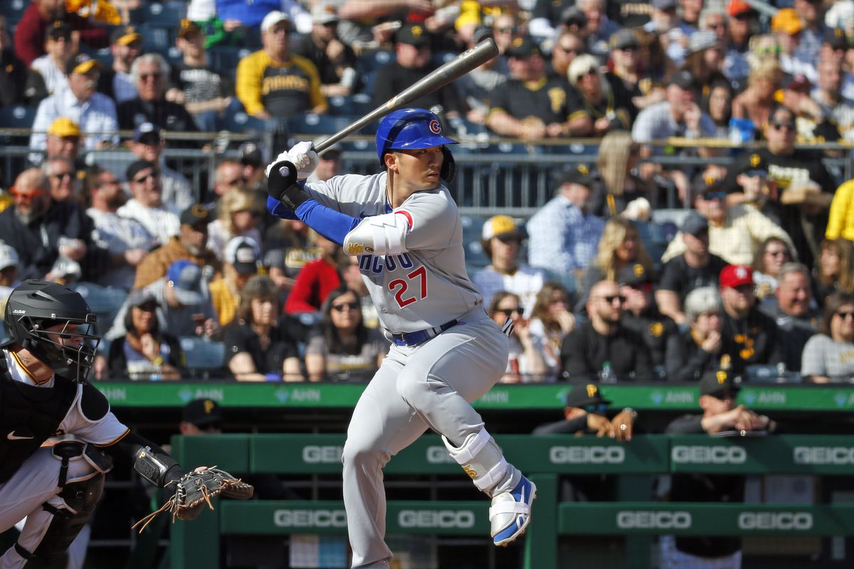 Seiya Suzuki #27 of the Chicago Cubs bats in the second inning against the Pittsburgh Pirates during opening day at PNC Park on April 12, 2022 in Pittsburgh, Pennsylvania.