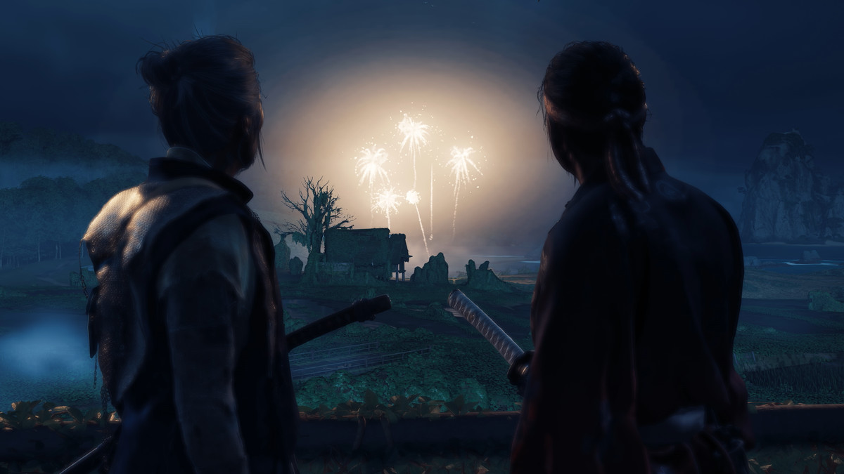 two silhouetted characters watch a fireworks volley in the distance, at night, in Ghost of Tsushima