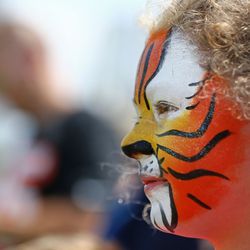 A young fan with tiger face paint watches camp.