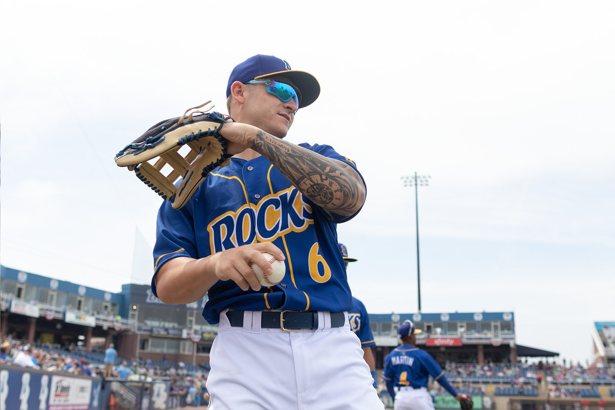 Kyle Isbel warming up before a Wilmington Blue Rocks game on April 7, 2019.