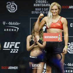 Yana Kunitskaya poses at UFC 222 weigh-ins.