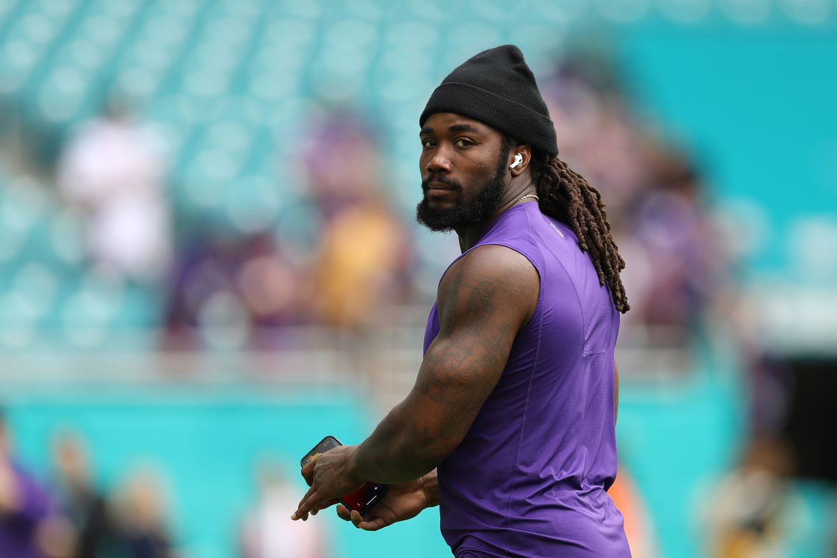 Dalvin Cook #4 of the Minnesota Vikings warms up against the Miami Dolphins at Hard Rock Stadium on October 16, 2022 in Miami Gardens, Florida.