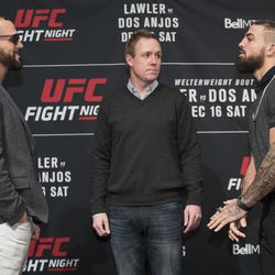 Mike Perry and Santiago Ponzinibbio stare each other down at UFC on FOX 26 media day on Dec. 14 in Winnipeg, Manitoba, Canada.