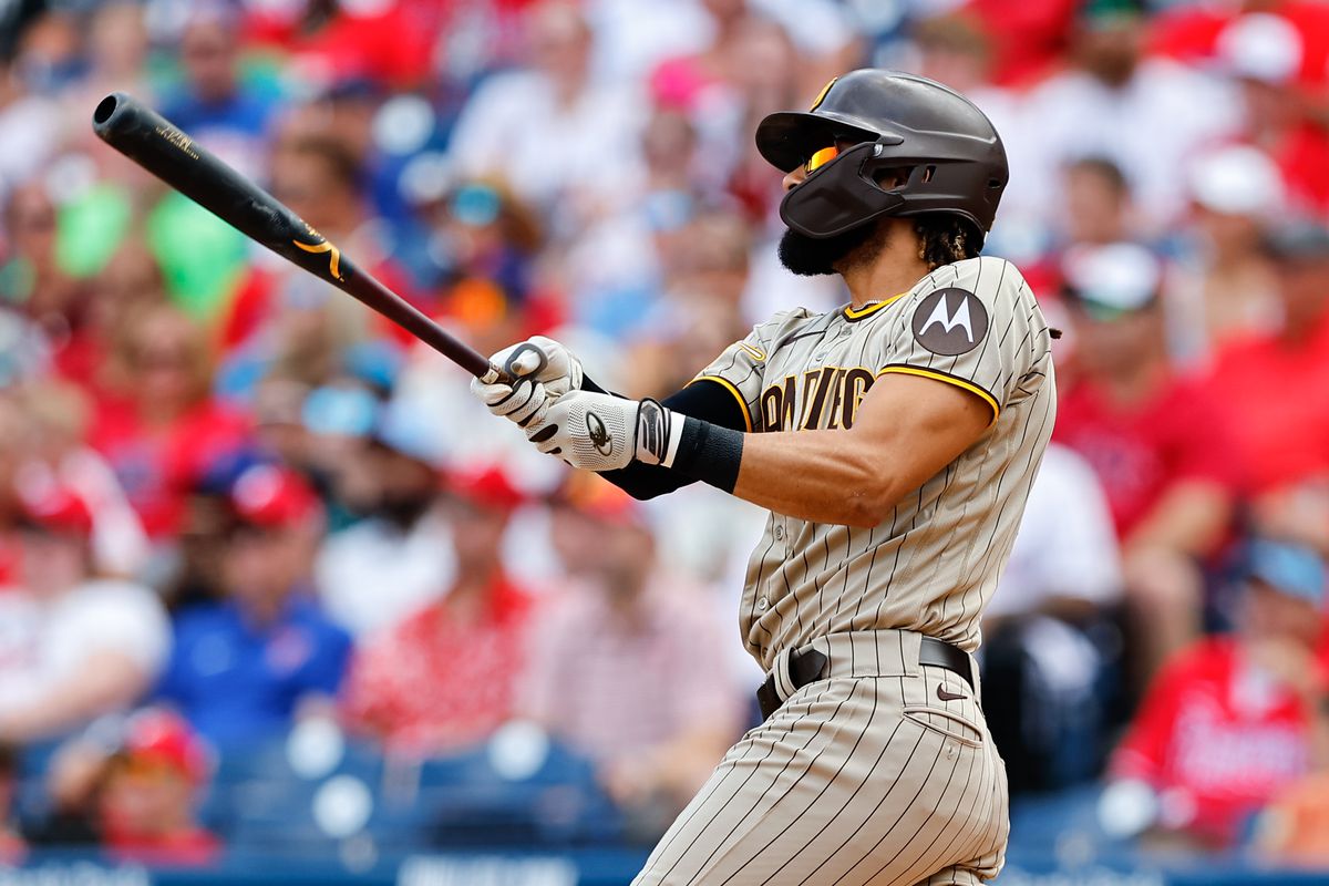 Fernando Tatis Jr. of the San Diego Padres at bat against the Philadelphia Phillies during Game 1 of a split double header at Citizens Bank Park on July 15, 2023 in Philadelphia, Pennsylvania.