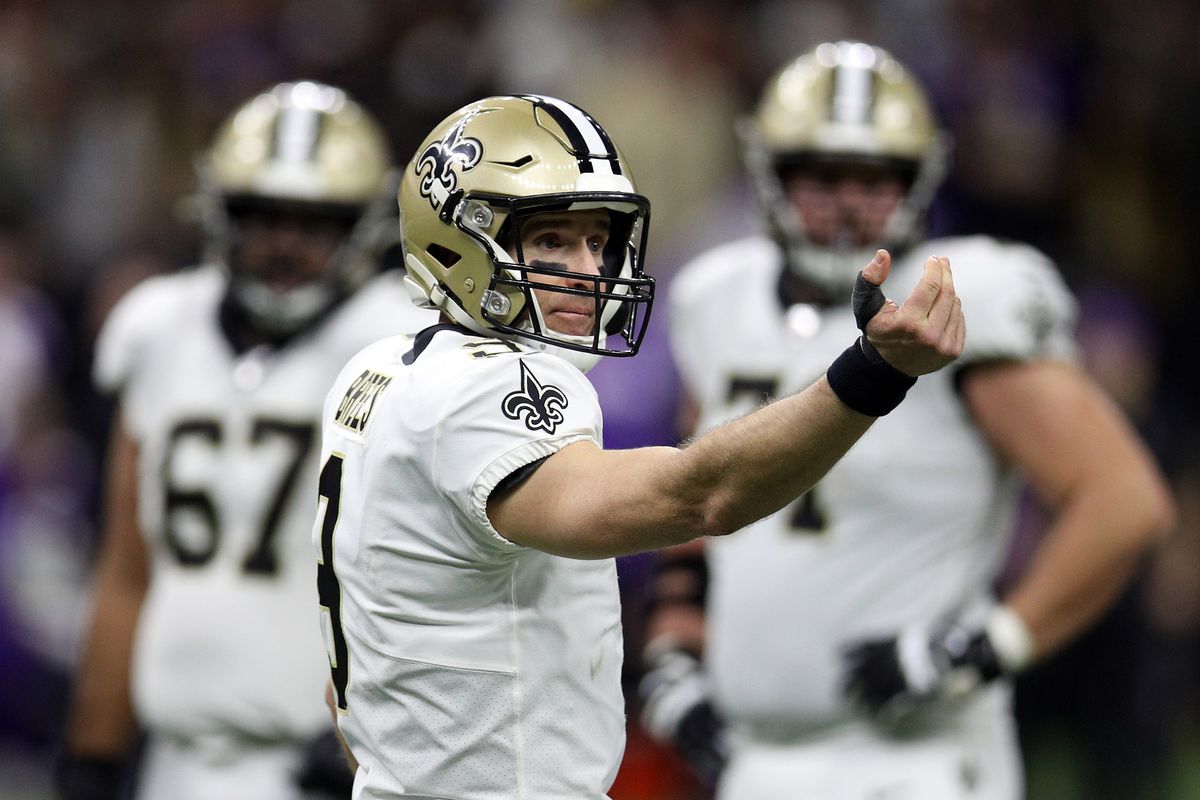 Drew Brees #9 of the New Orleans Saints gestures during the second half against the Minnesota Vikings in the NFC Wild Card Playoff game at Mercedes Benz Superdome on January 05, 2020 in New Orleans, Louisiana.