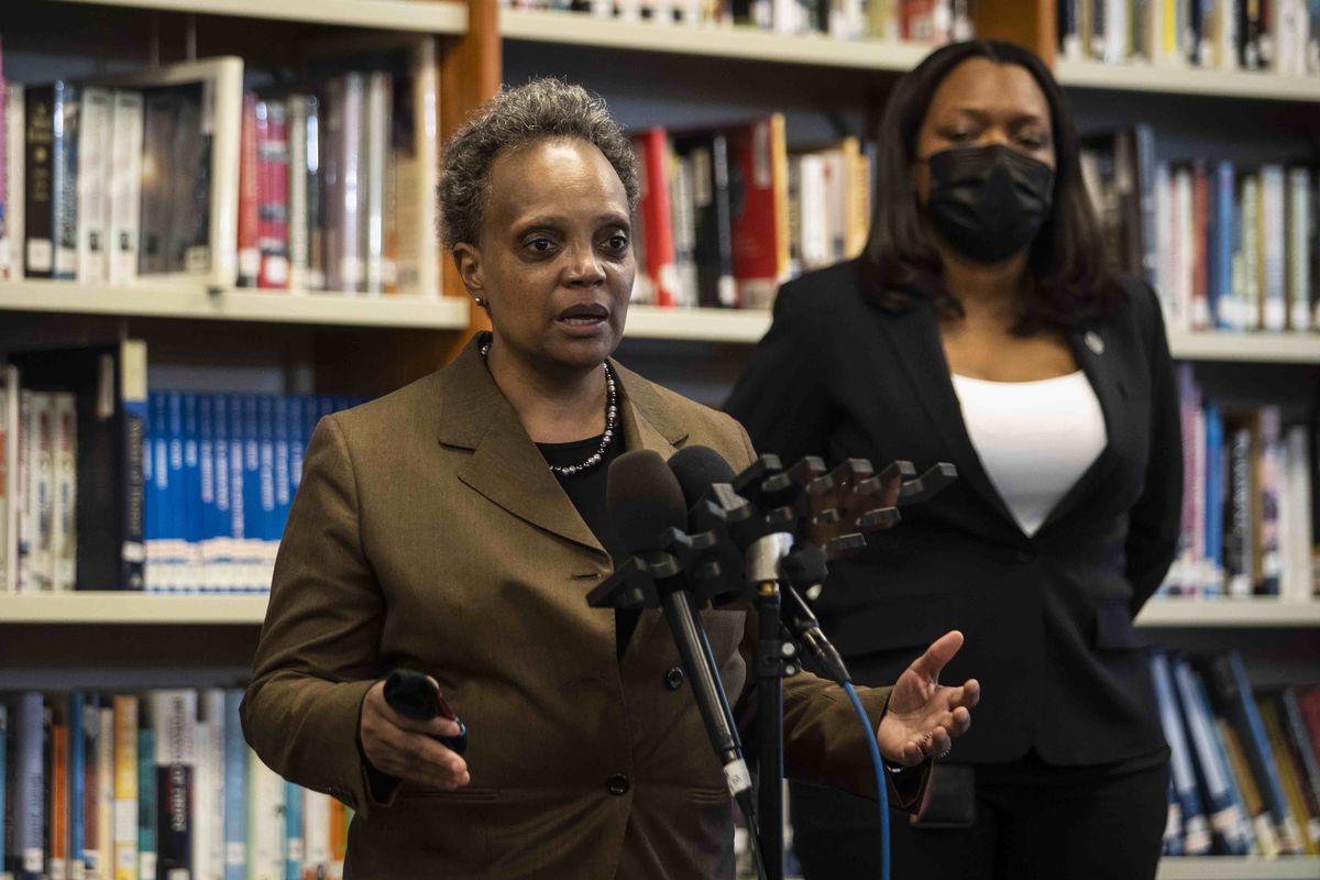Mayor Lori Lightfoot at Walter Payton College Preparatory High School earlier this month with Chicago Public Schools CEO Janice Jackson.