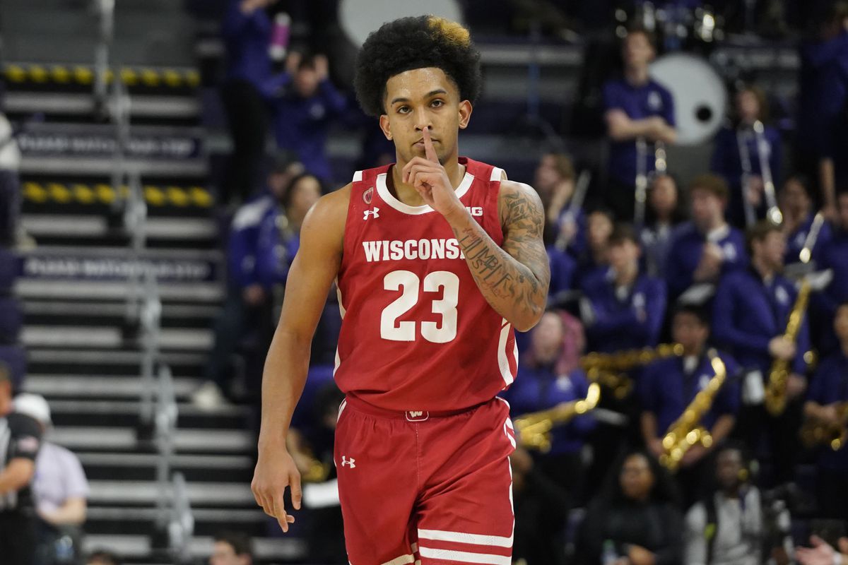 Wisconsin Badgers guard Chucky Hepburn (23) gestures after making a three point basket against the Northwestern Wildcats during the second half at Welsh-Ryan Arena. Mandatory Credit: David Banks