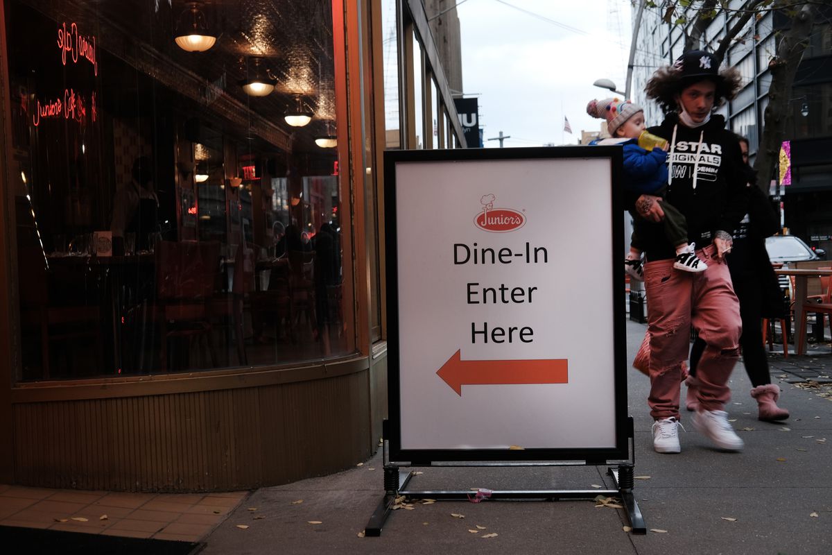 A sign welcomes customers to indoor dining at a restaurant in Brooklyn on December 01, 2020 in New York City.&nbsp;