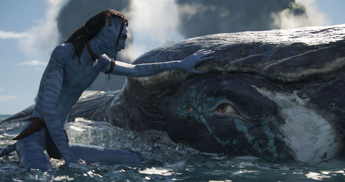 Lo’ak the Na’vi touches a new whalelike water creature in the sea of Pandora in Avatar: The Way of Water