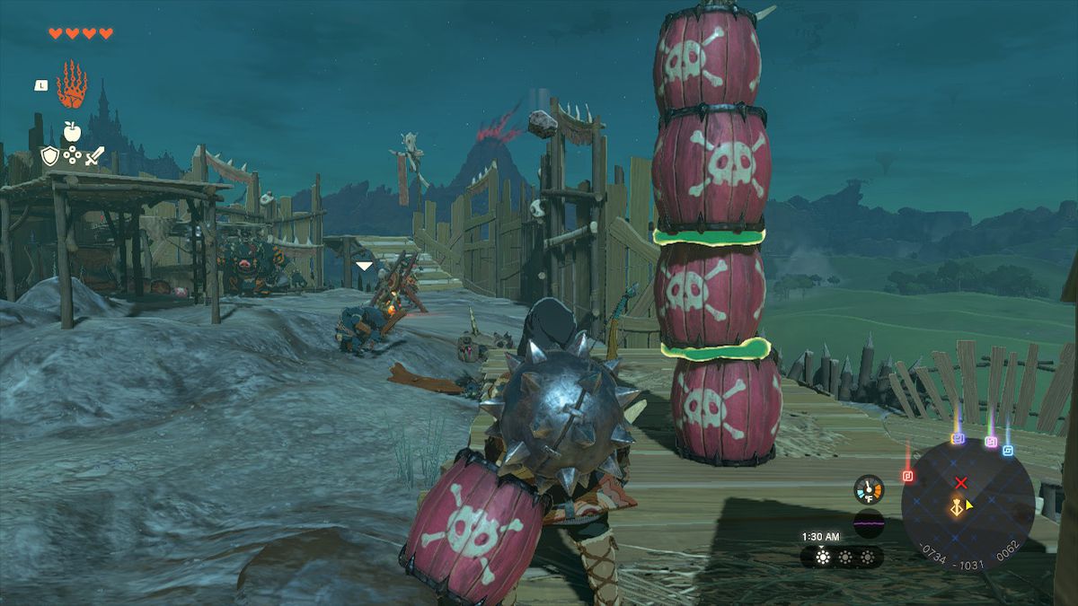 Link stands next to a pile of explosive barrels in Zelda: Tears of the Kingdom