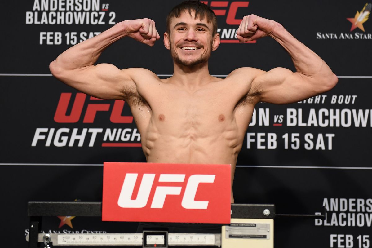 Nathaniel Wood of United Kingdom poses on the scale during the official UFC weigh-in at the Albuquerque Marriott Pyramid North on February 14, 2020 in Albuquerque, New Mexico.