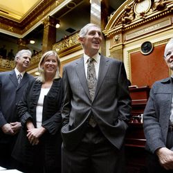 Jazz coaches Jerry Sloan and Phil Johnson are honored in the House of Representatives at the Utah State Capitol on March 7, 2011. Sloan has since rejoined the Jazz organization in a senior advisory capacity.