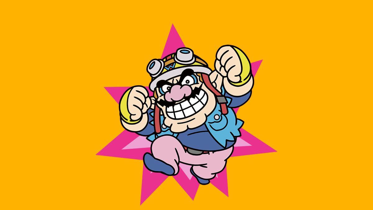 Wario jumps with his fist in the air