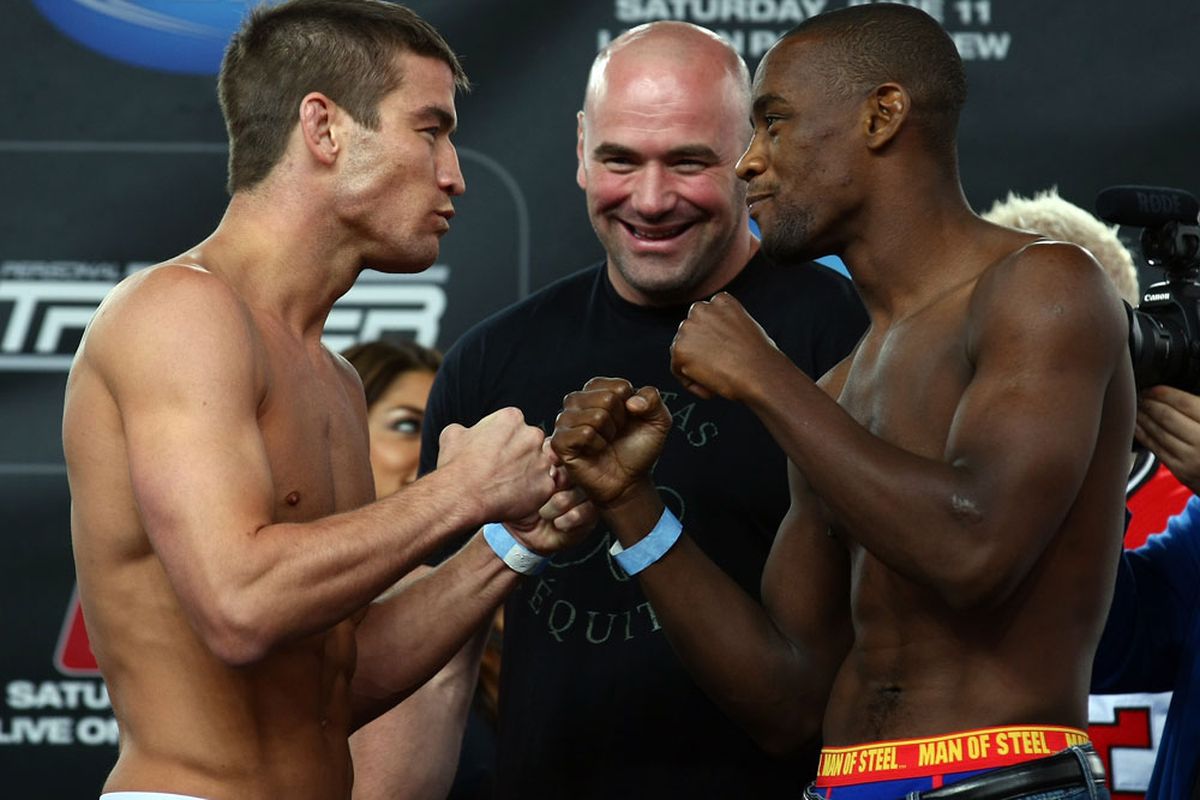 Sam Stout and Yves Edwards. UFC® 131 Weigh-In live at Jack Poole Plaza on June 10, 2011 in Vancouver, Canada (Photos by Donald Miralle/Zuffa LLC/Zuffa LLC via Getty Images)