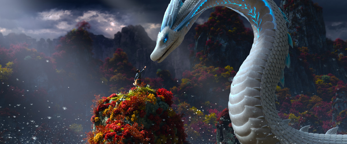 A giant white dragon leans its head down to a person standing on top of a beautifully lit hill covered in autumnal trees