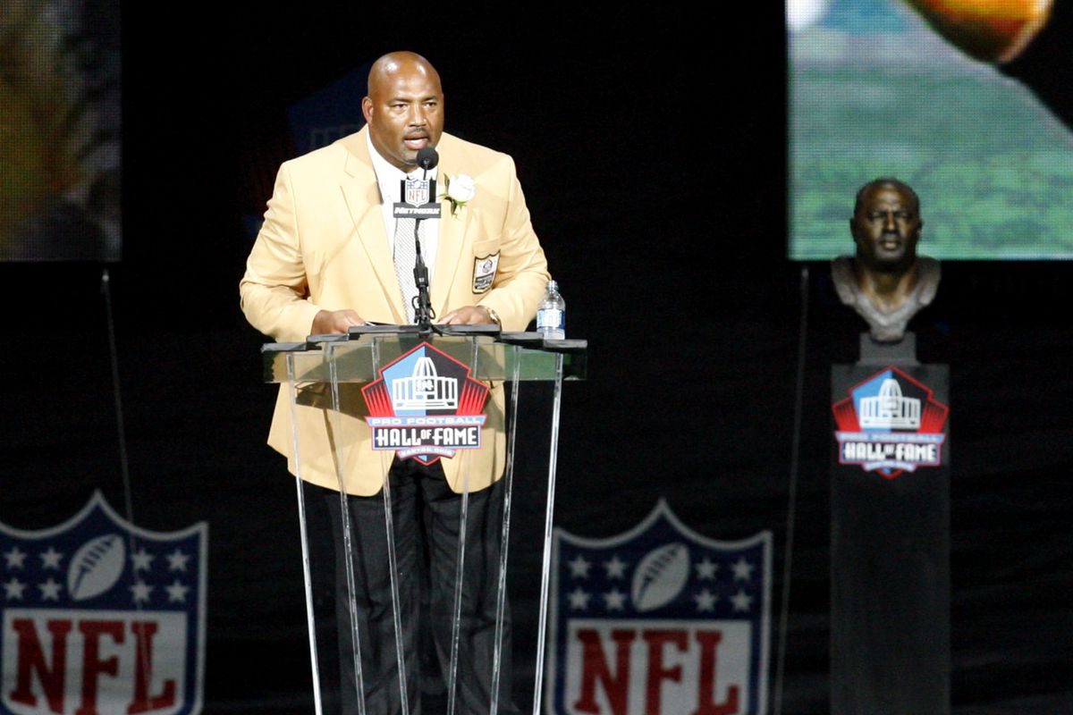 August 4, 2012; Canton, OH, USA; Pittsburgh Steelers former center Dermontti Dawson addresses the crowd during the 2012 Pro Football Hall of Fame enshrinement ceremonies at Fawcett Stadium. Mandatory Credit: Charles LeClaire-US PRESSWIRE