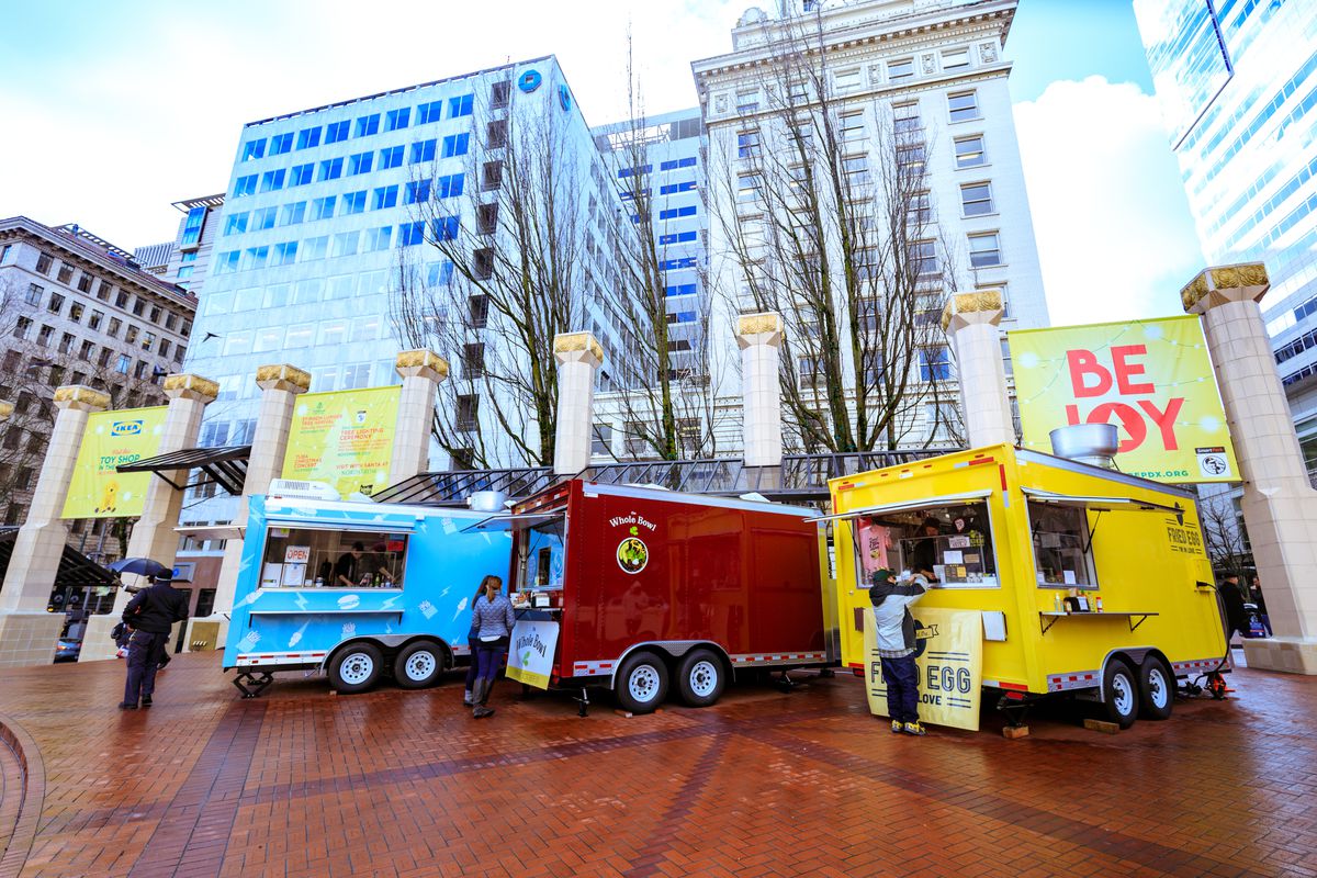 A lineup of food carts at Portland’s Pioneer Courthouse Square.