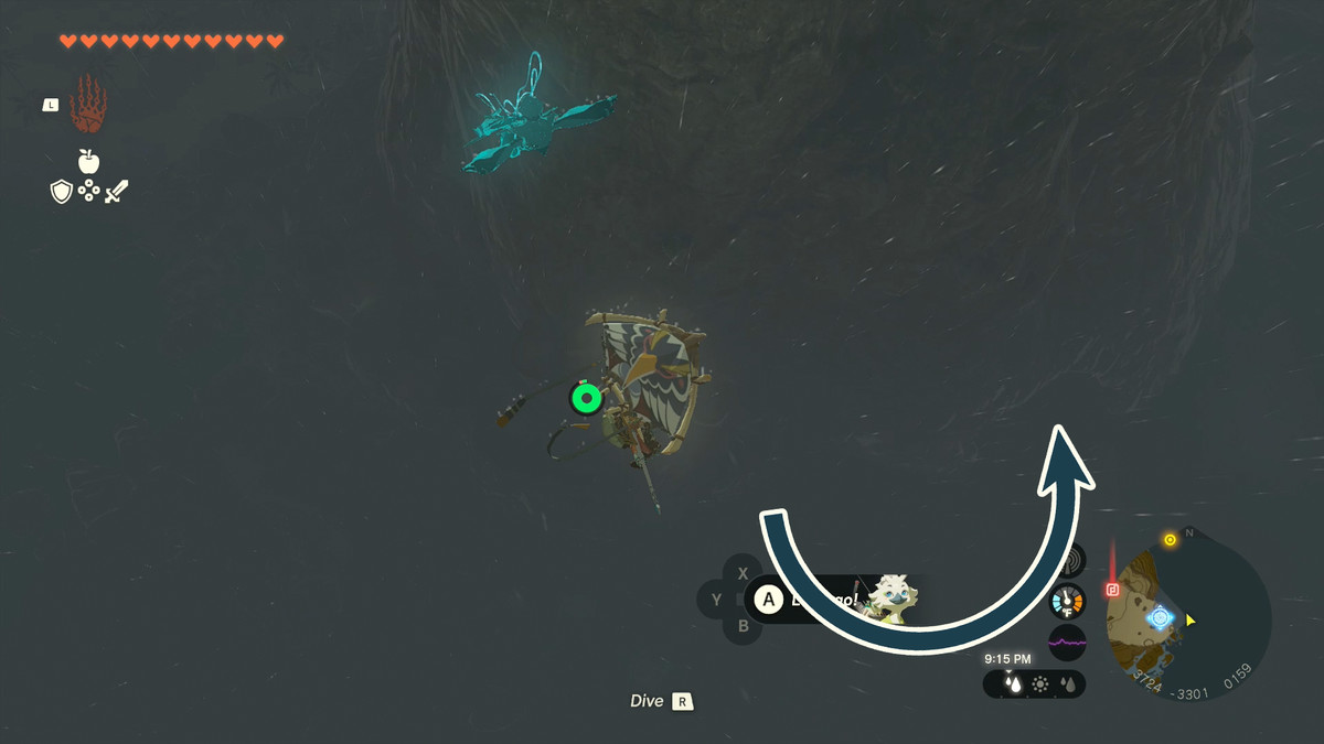 The Legend of Zelda: Tears of the Kingdom Link paragliding down from Cape Cales with an arrow pointing to Cape Cales Cliffside Cave
