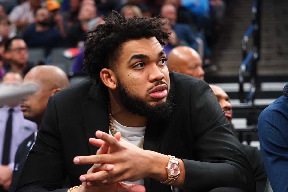 Minnesota Timberwolves center Karl-Anthony Towns on the sideline during the second quarter against the Sacramento Kings at Golden 1 Center.