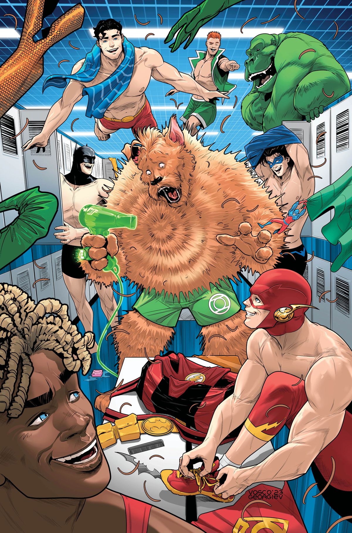 G’nort looks surprised as he poofs his fur out with a hair dryer in a locker room filled with laughing DC superheroes getting into their swimming togs on the cover for G’nort’s Illustrated Swimsuit Edition (2023).