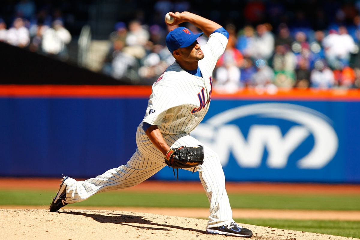 Apr. 5, 2012; Flushing, NY, USA; New York Mets starting pitcher Johan Santana (57) pitches during the third inning against the Atlanta Braves at Citi Field. Mandatory Credit: Debby Wong-US PRESSWIRE