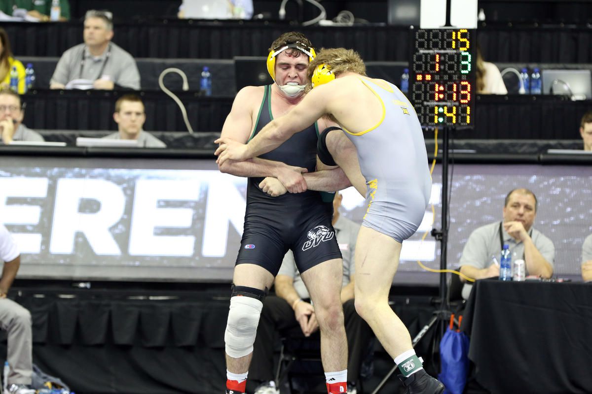 Utah Valley sophomore 184-pounder Will Sumner (left-center) wrestles against a competitor from Wyoming at the 2016 Big 12 Wrestling Championships on March 5, 2016. Sumner was one of three Wolverines to reach the quarterfinals at the Cliff Keen Las Vegas I