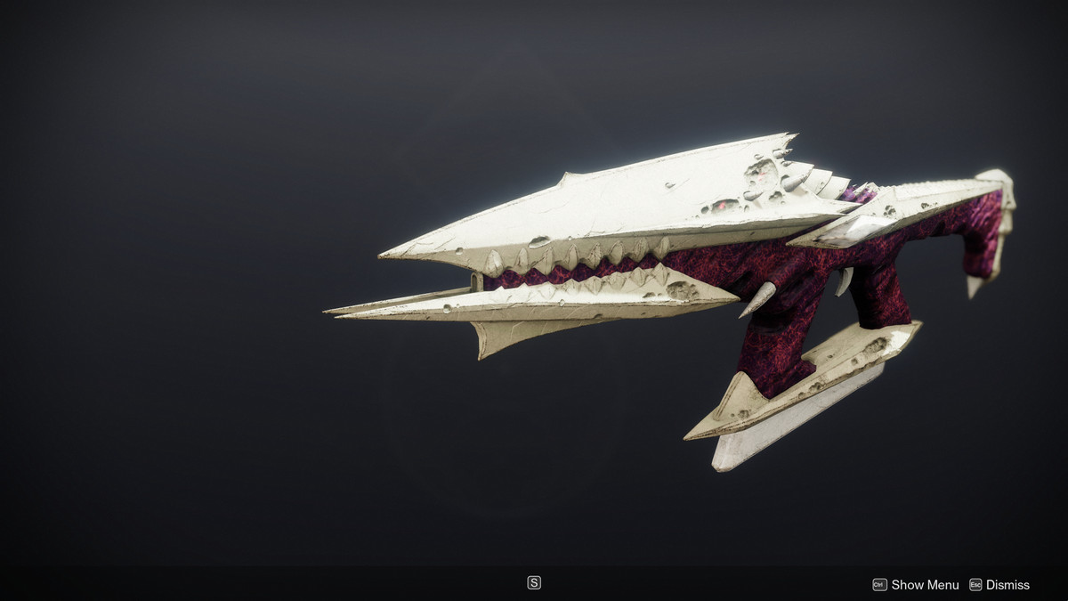 A Destiny 2 fusion rifle made of bone, spikes, and sinew called Midha’s Reckoning