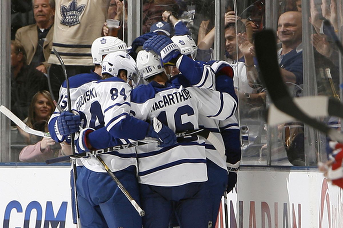 TORONTO - OCTOBER 21: The Toronto Maple Leafs celebrate Colby Armstrong goal against the New York Rangers during game action at the Air Canada Centre October 21 2010 in Toronto Ontario Canada. (Photo by Abelimages/Getty Images)