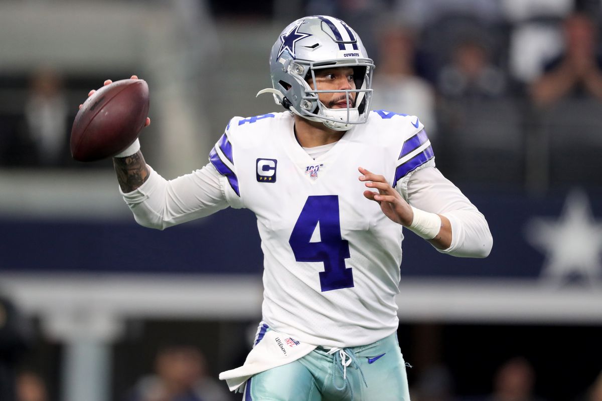 Dak Prescott #4 of the Dallas Cowboys throws a pass in the first quarter against the Washington Redskins in the game at AT&amp;T Stadium on December 29, 2019 in Arlington, Texas.