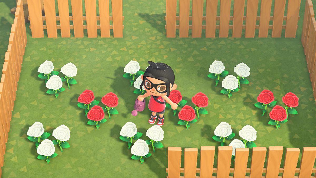An Animal Crossing character stands in a flower bed laid out in a checkerboard pattern
