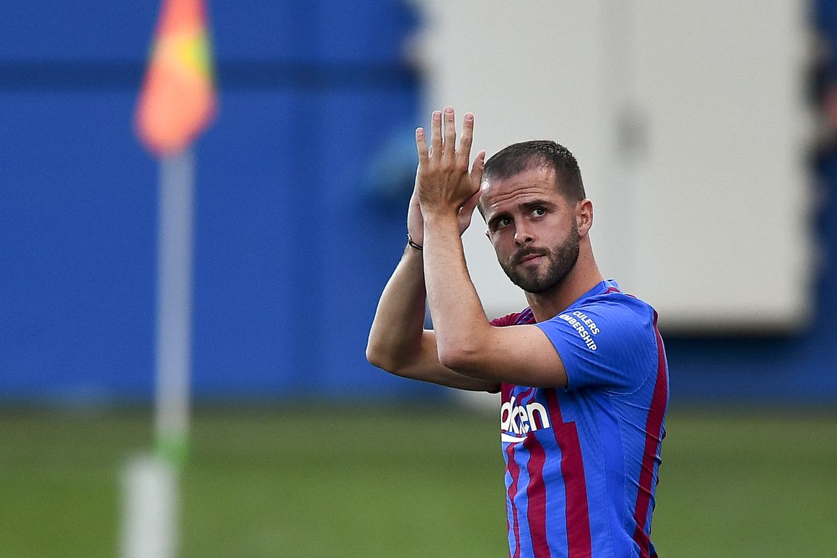Miralem Pjanic of FC Barcelona gestures prior to the pre-...