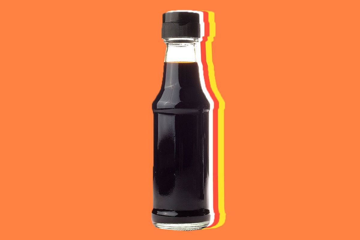 A bottle of soy sauce with no label