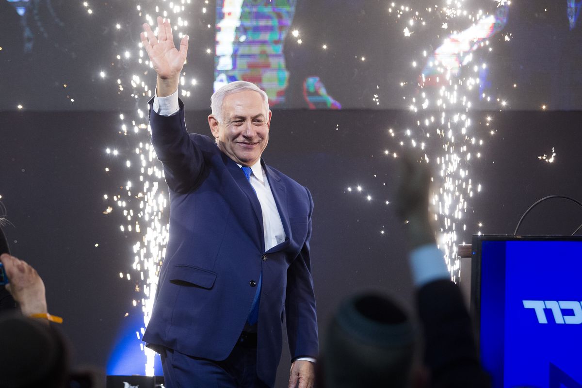 Israeli Prime Minister Benjamin Netanyahu at his victory speech on Tuesday night.