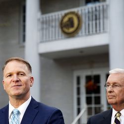 Attorney for former Alabama Chief Justice and U.S. Senate candidate Roy Moore, Phillip L. Jauregui, left, and Moore Campaign Chairman Bill Armistead, right, speak at a news conference, Wednesday, Nov. 15, 2017, in Birmingham, Ala.