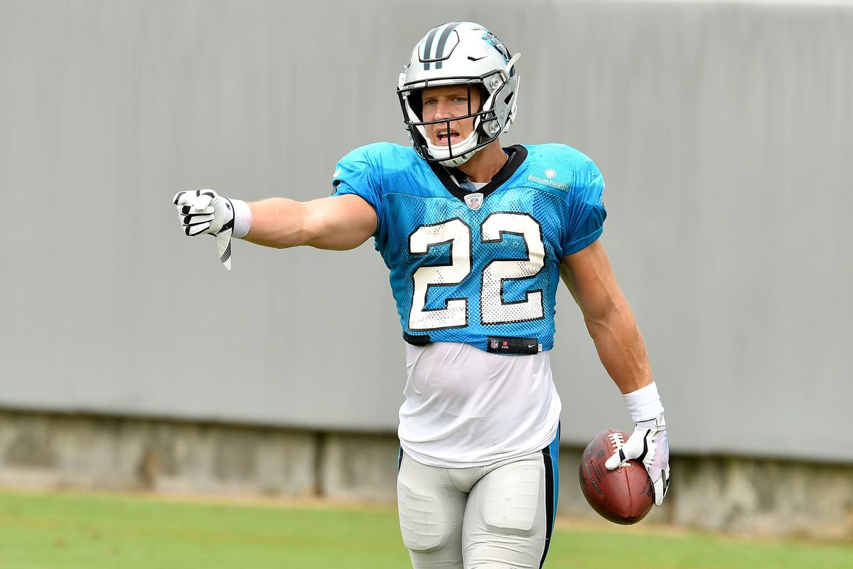 Christian McCaffrey of the Carolina Panthers gestures during a training camp session at Bank of America Stadium on August 24, 2020 in Charlotte, North Carolina.