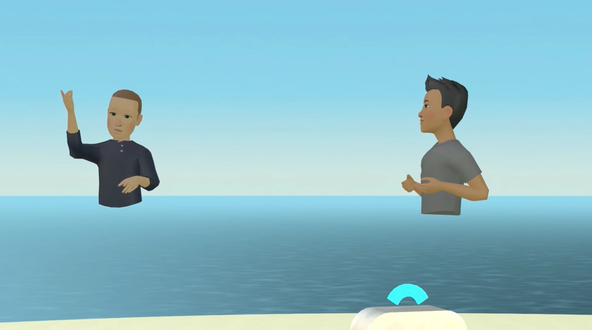Dos personajes de dibujos animados sin piernas se ciernen sobre un cuerpo de agua y un horizonte.