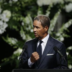 Sportscaster Bryant Gumbel delivers a eulogy during Muhammad Ali's memorial service, Friday, June 10, 2016, in Louisville, Ky. 