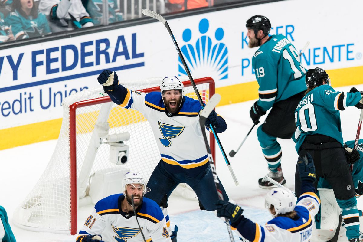 St. Louis Blues defenseman Robert Bortuzzo (41) celebrates with left wing Pat Maroon (7) after scoring a goal against the San Jose Sharks celebrates after \in the second period of game two of the Western Conference Final of the 2019 Stanley Cup Playoffs a