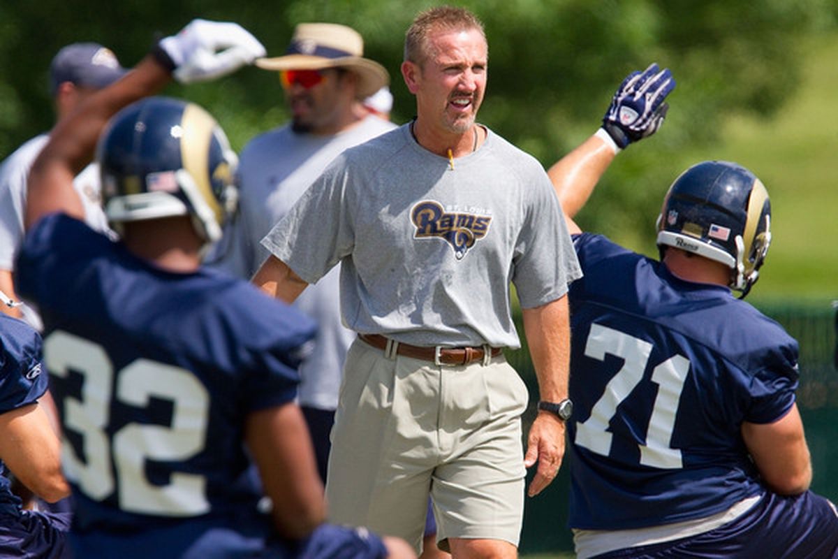 Head coach Steve Spagnuolo of the St. Louis Rams looks on during training camp at the Russell Athletic Training Facility. He'll have plenty to keep an eye on tonight as the Rams take the field for a scrimmage. 