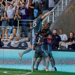 July 13, 2019 - Saint Paul, Minnesota, United States - Minnesota United forward Mason Toye (23) celebrates with his team mates after scoring a goal in the 90’+1’ of the match FC Dallas match at Allianz Field.