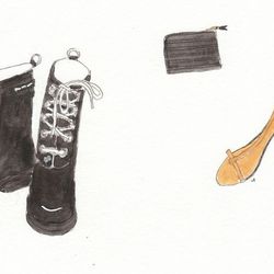 Ilse Jacobsen rain boots in black, $179; Comme des Garçons wallet in black, $89; 3.1 Phillip Lim camel and black T-straps, $449