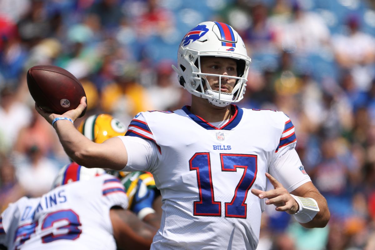 Josh Allen #17 of the Buffalo Bills throws a pass during the first half against the Green Bay Packers at Highmark Stadium on August 28, 2021 in Orchard Park, New York.