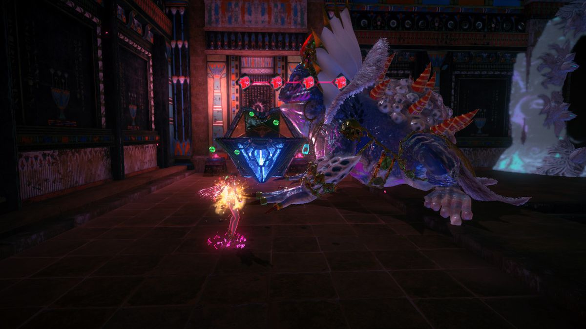 Bayonetta glows orange with a large beast in front of her inside of a temple