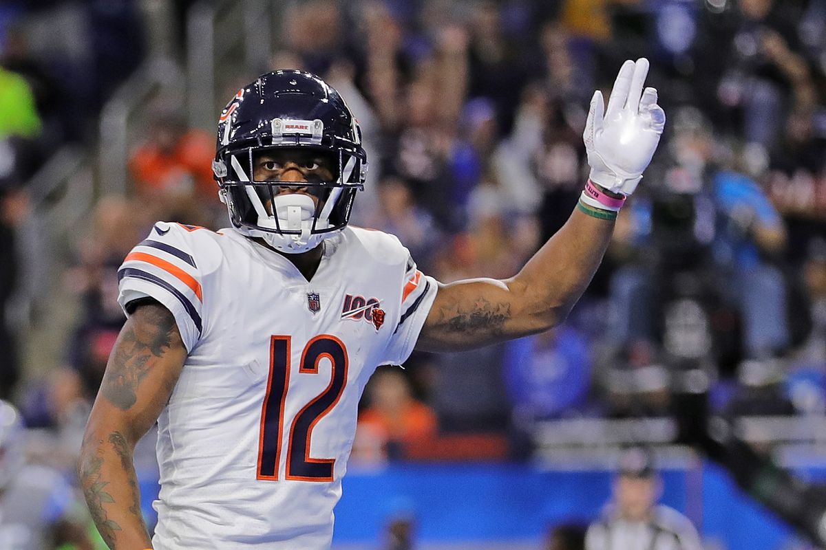 Allen Robinson of the Chicago Bears celebrates a first quarter touchdown during the game against the Detroit Lions at Ford Field on November 28, 2019 in Detroit, Michigan.