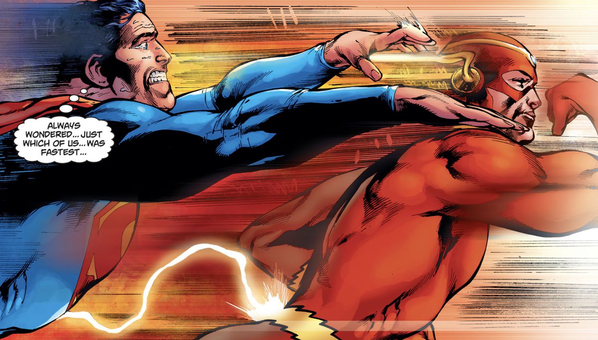 Superman strains to put a hand on a speeding Flash’s shoulder, thinking “Always wondered... just which of us... was fastest...” in Superman #709 (2011). 