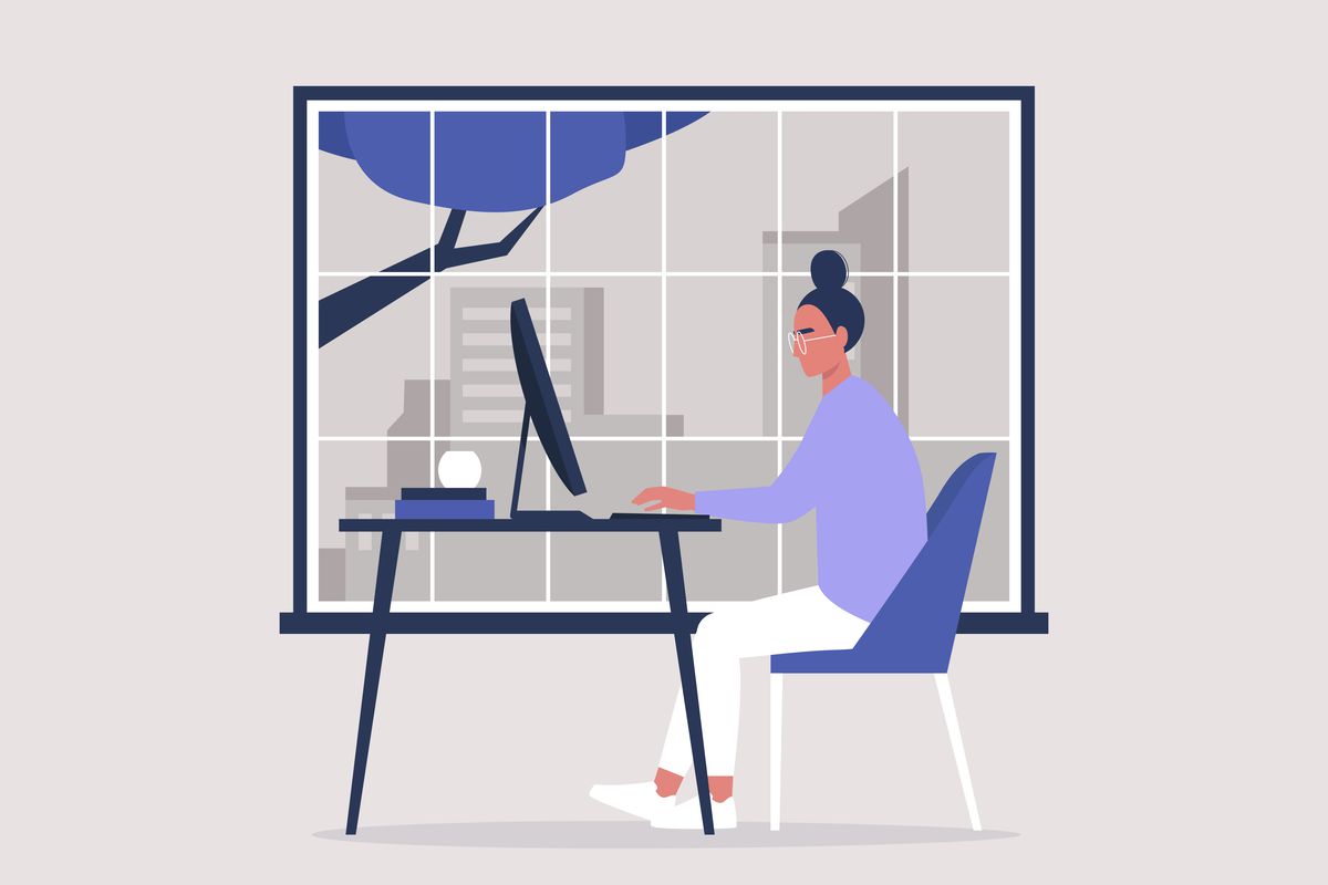 Illustration of a woman working at a computer by a window.