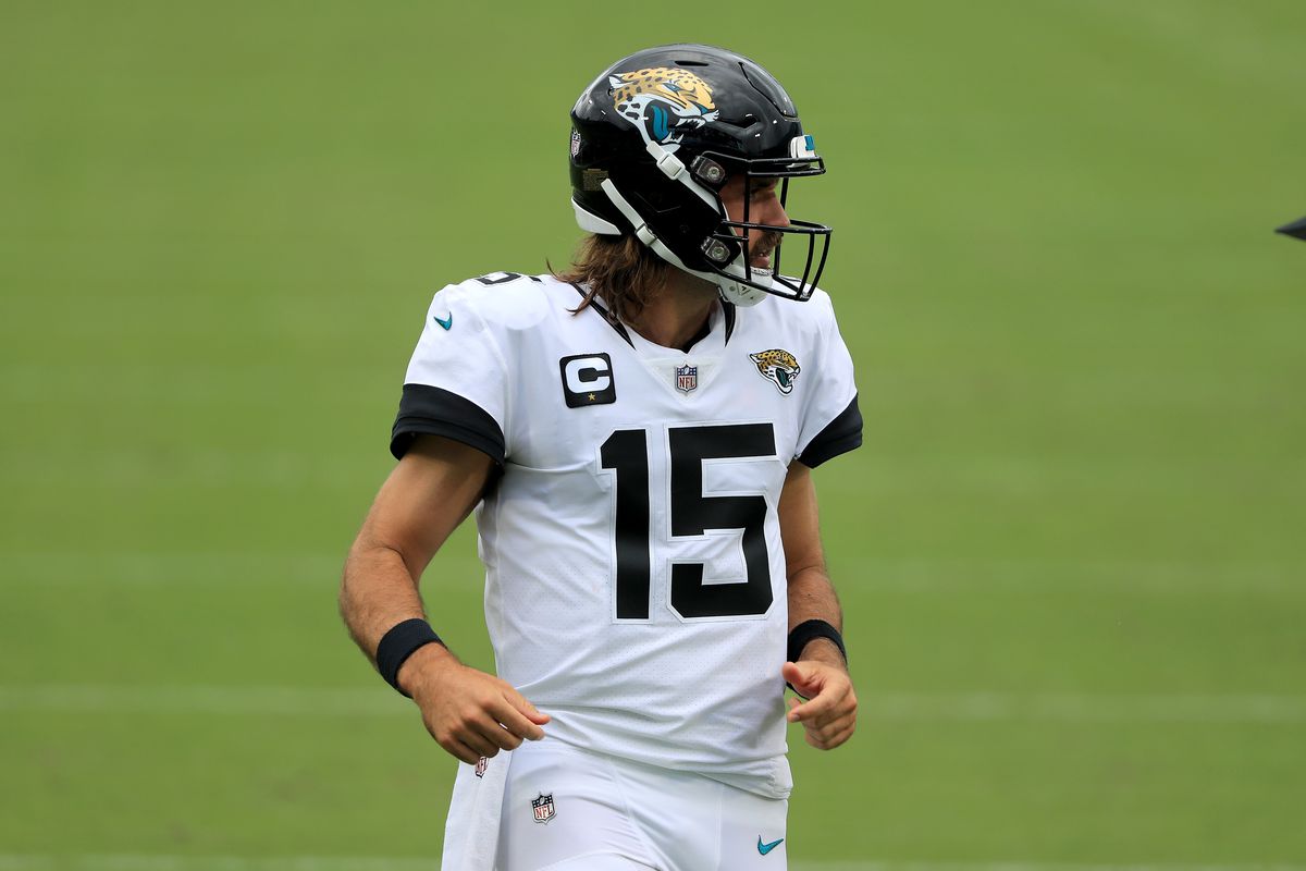 Gardner Minshew II of the Jacksonville Jaguars looks on during the game against the Indianapolis Colts at TIAA Bank Field on September 13, 2020 in Jacksonville, Florida.
