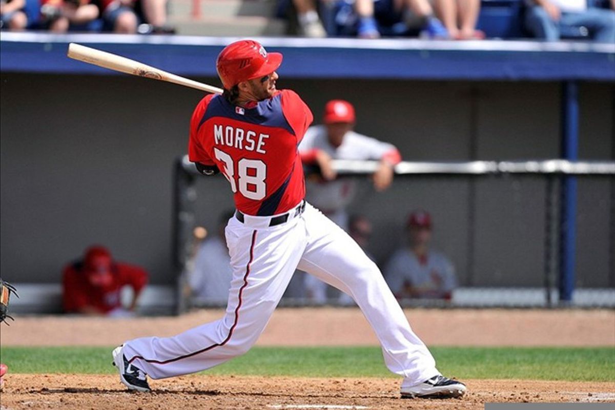 March 12, 2012; Melbourne, FL, USA;   Washington Nationals first baseman Michael Morse (38) at the plate during the spring training game against the St. Louis Cardinals at Space Coast Stadium. Mandatory Credit: Brad Barr-US PRESSWIRE